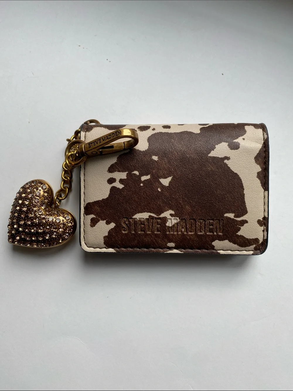 Steve Madden Brown Cow Print Wallet with Heart Shaped Bedazzled Tag 4” W X 3” H